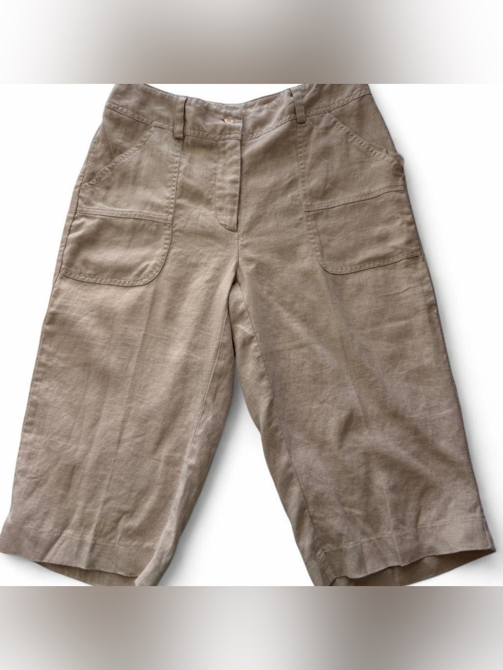 Y2K Vintage 100% Linen Capri Pants Small Beige Cargo Pockets Coastal Resort Boho